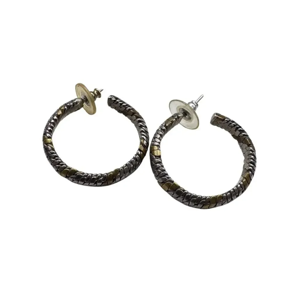 Vintage Sterling Silver and Brass Hoop Earrings 18 Grams Laton Mexico